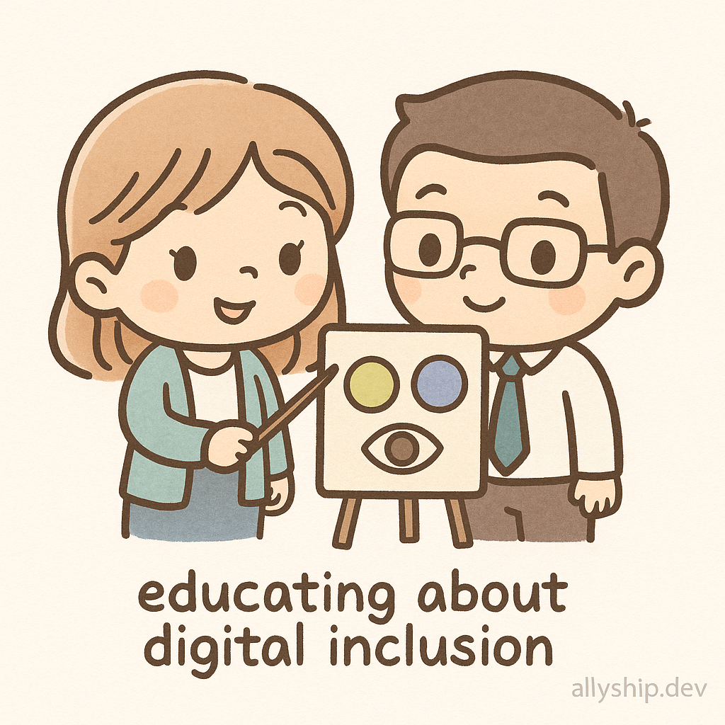 Cartoon of teachers and students discussing color contrast on a screen, demonstrating how AllyStudio.dev helps teams choose accessible colors for web design.