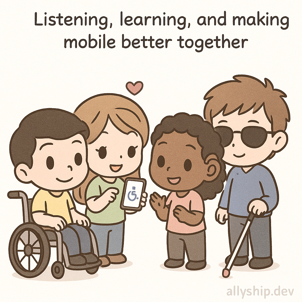 Cartoon showing users with disabilities giving feedback to designers on mobile accessibility features, emphasizing teamwork and listening.
