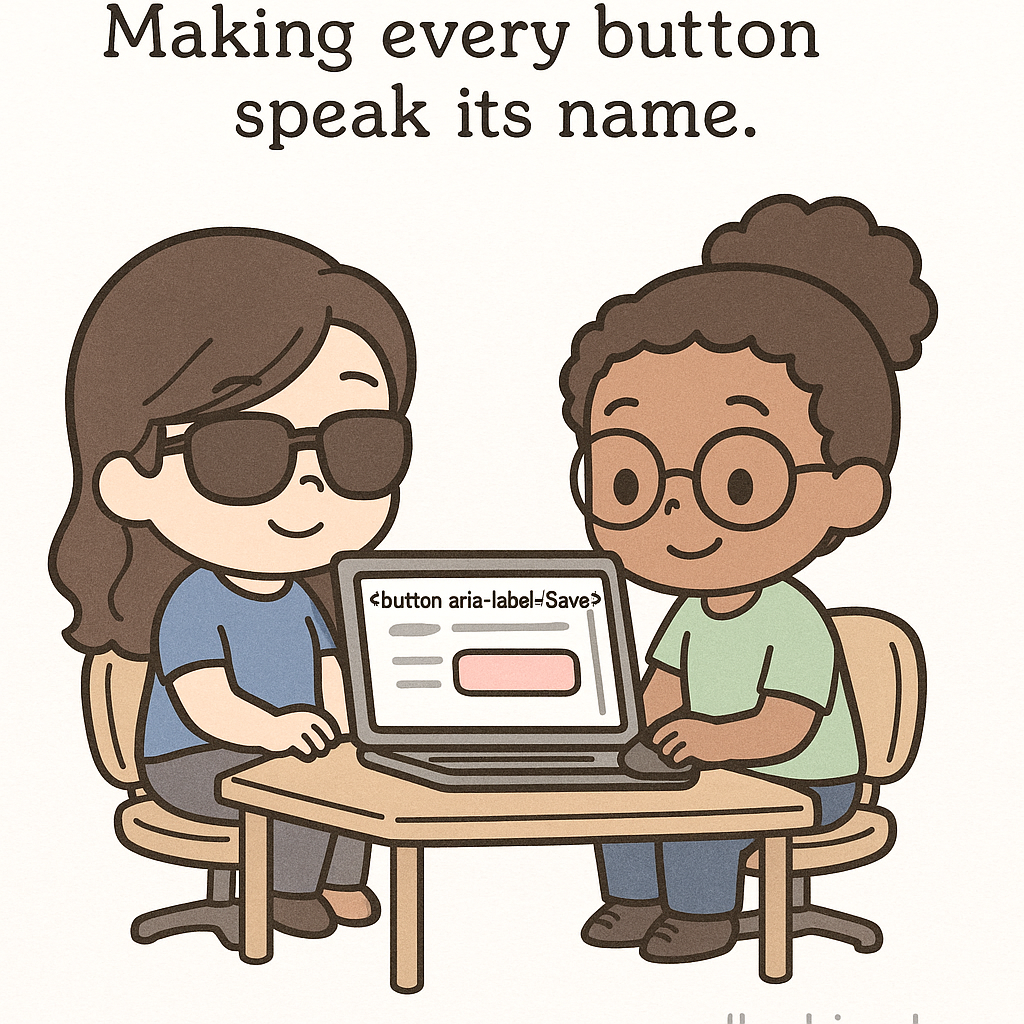 Cartoon of diverse designers adding ARIA labels to buttons, ensuring screen reader compatibility, with AllyStudio.dev tools visible on their screens.