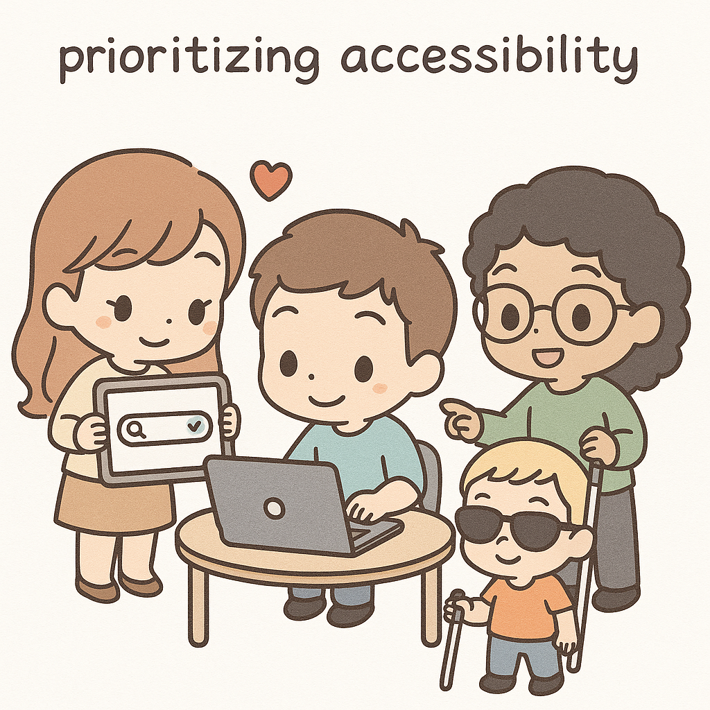 Cartoon of happy product managers working together on accessible search functionality, representing inclusive web design and accessibility best practices.