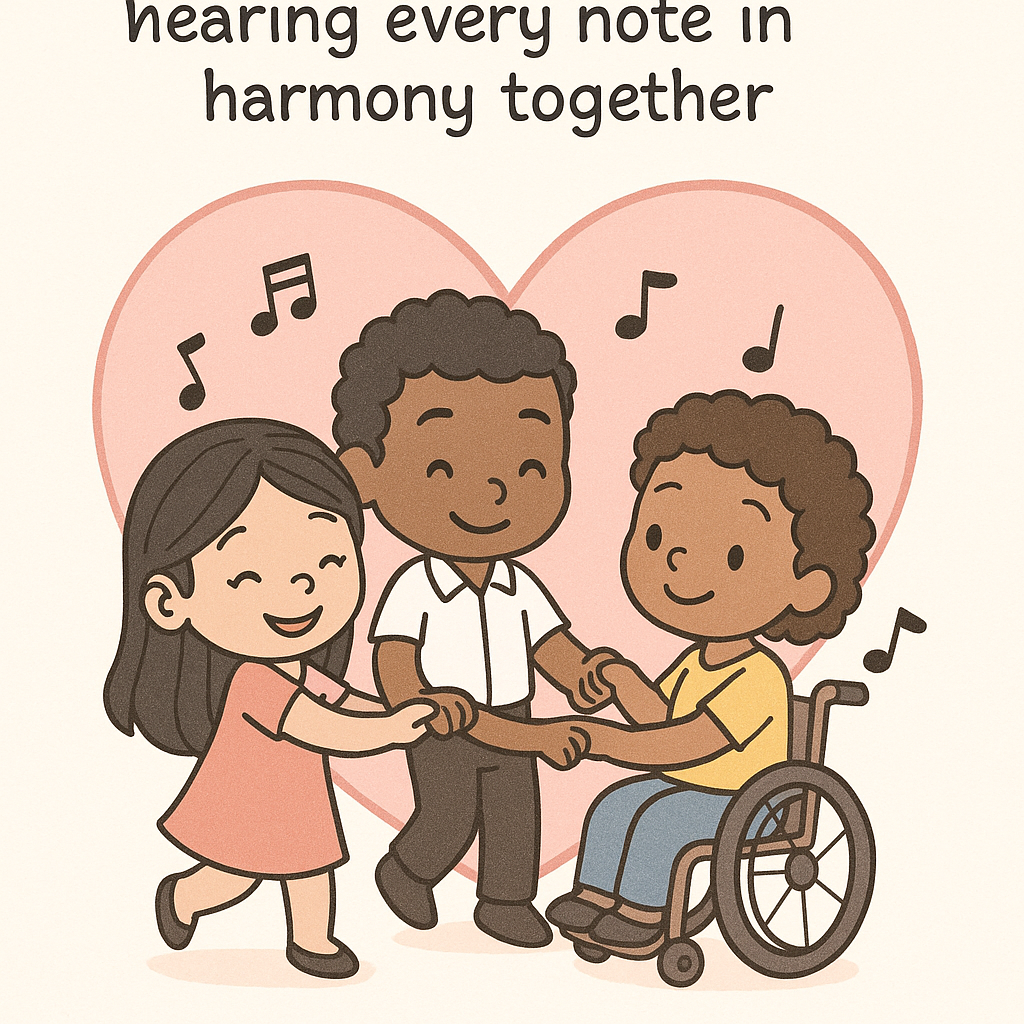 Chibi cartoon colleagues dancing together, representing inclusive video content creation and web accessibility. Everyone moves joyfully to the same beat, symbolizing harmony through accessible design.