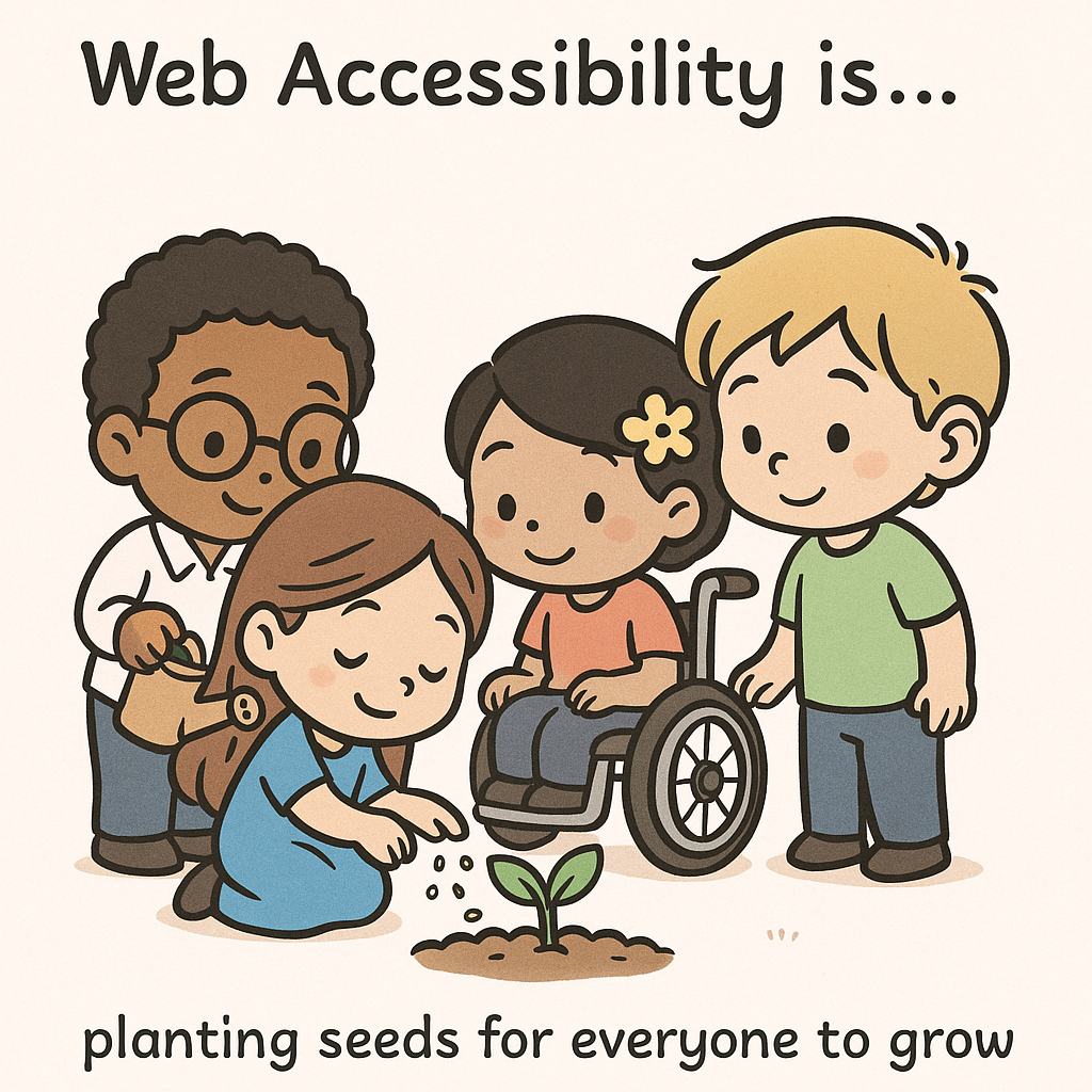 Chibi-style consultants planting seeds, representing accessibility persona development and inclusive design, inspired by 'Love is...' comics.