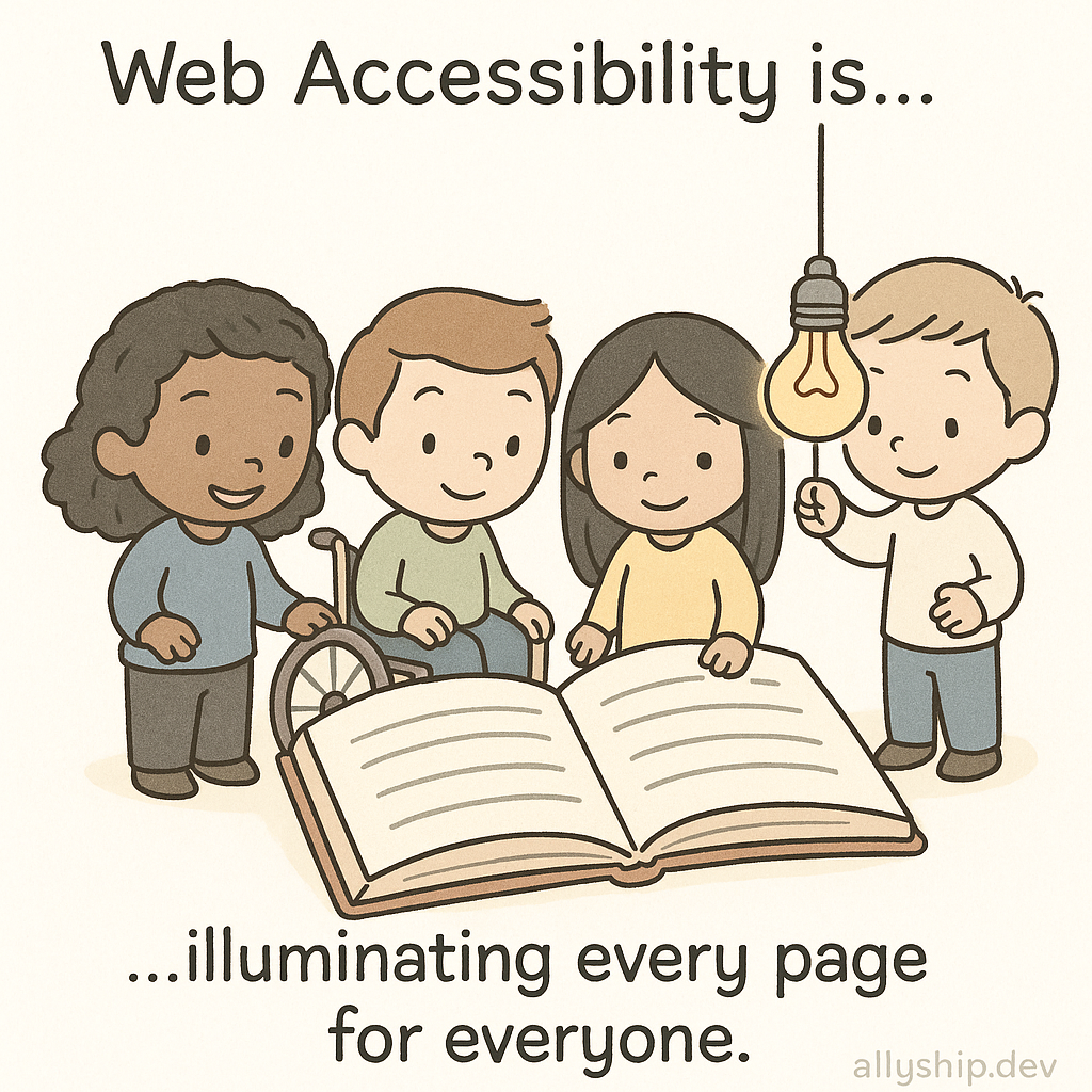 Chibi consultants turn on lights to reveal web pages with clear, readable fonts, symbolizing how AllyStudio.dev helps teams create accessible, inclusive designs.