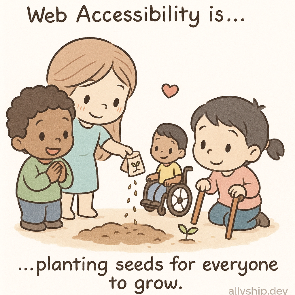 Chibi researchers in a garden planting seeds, representing accessibility training and inclusive design growth, inspired by classic 'Love is...' comics.