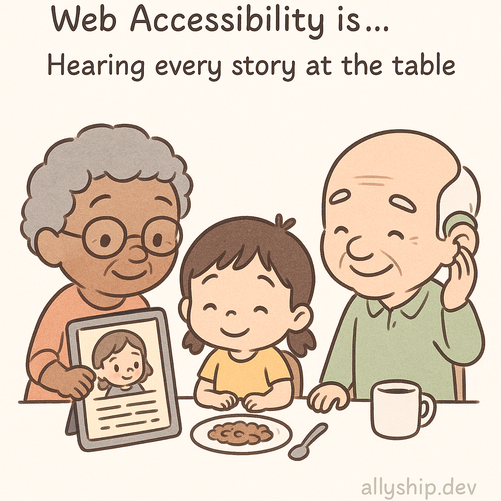 Chibi grandparents around a table, joyful and engaged, with symbolic caption bubbles and sound waves illustrating inclusive communication, representing how captions and transcripts make every voice heard—styled like classic 'Love is...' comics.