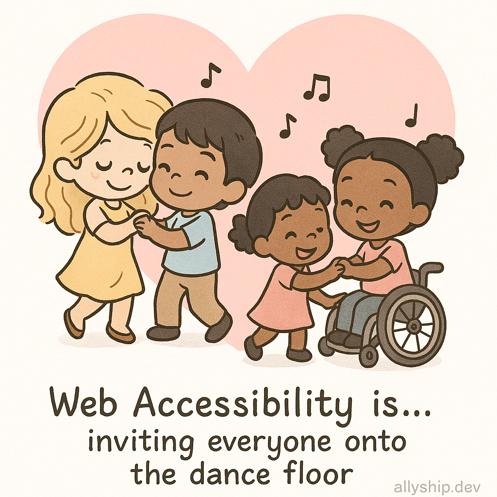 Chibi children in a sweet, inclusive scene inviting everyone to dance together, symbolizing accessible presentation design where everyone joins in.
