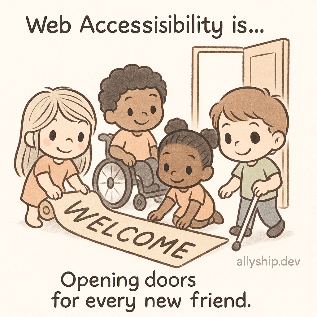 Chibi children roll out a bright welcome mat, symbolizing accessible forms with clear labeling, in a heartwarming 'Love is...' style cartoon promoting inclusion.