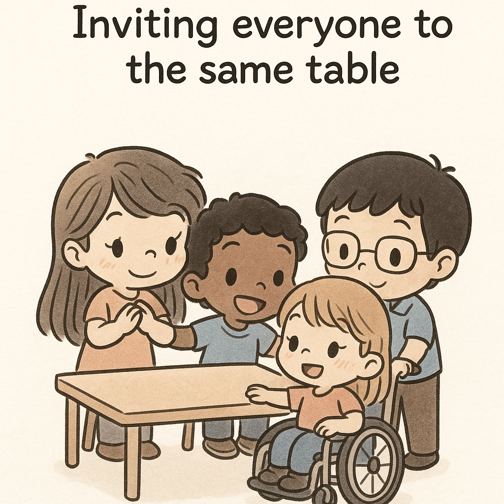Chibi-style students of diverse abilities joyfully gathered at one table, symbolizing inclusive web design workshops and accessibility for all.
