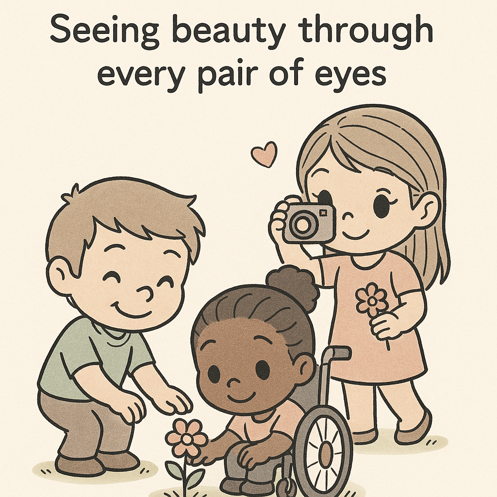 Chibi product managers nurture diverse flowers in a garden, each representing different users, illustrating empathy and inclusive imagery for web accessibility.