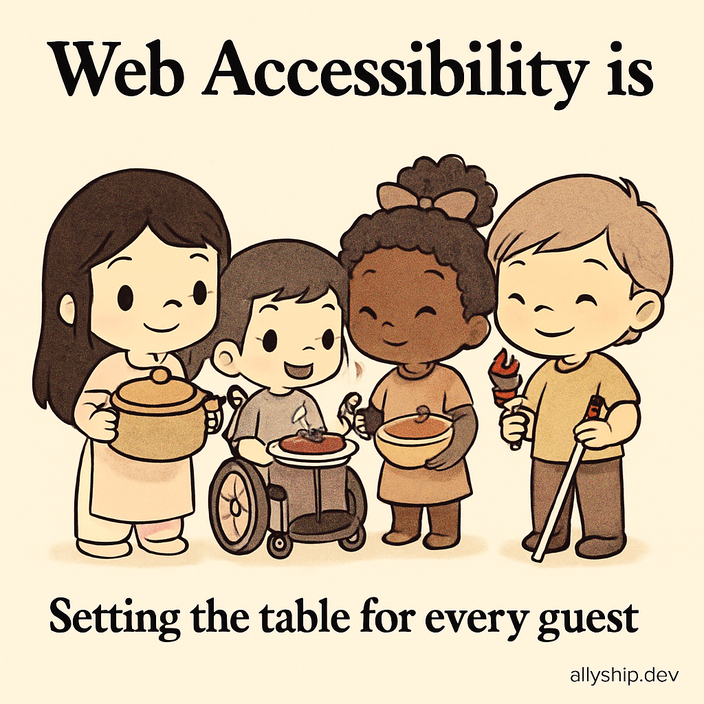 Chibi developers set a diverse table, representing inclusive design and accessibility—each guest’s needs met, echoing AllyStudio.dev’s mission.