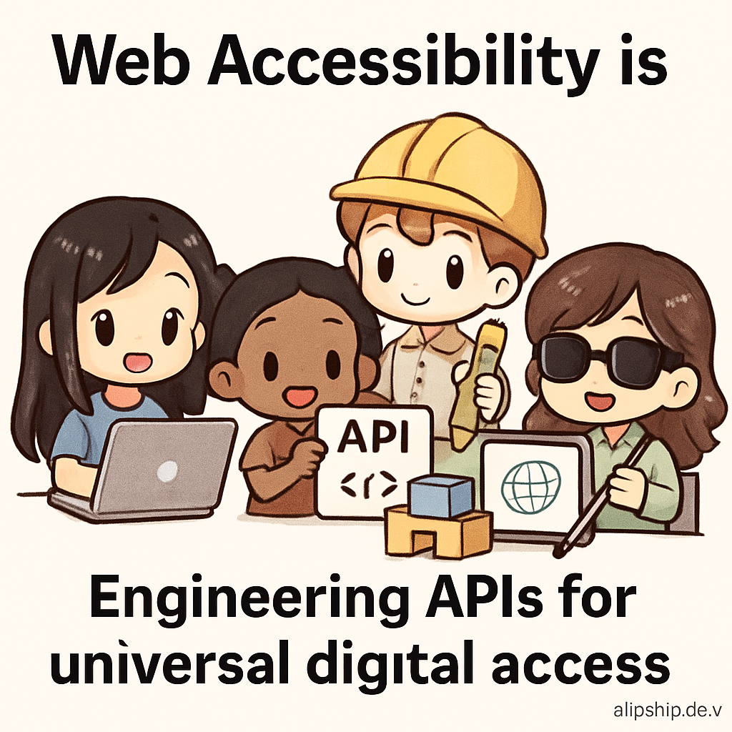 Cute chibi engineers building a digital bridge, representing accessible API design and inclusive digital futures, inspired by AllyStudio.dev's accessibility tools.