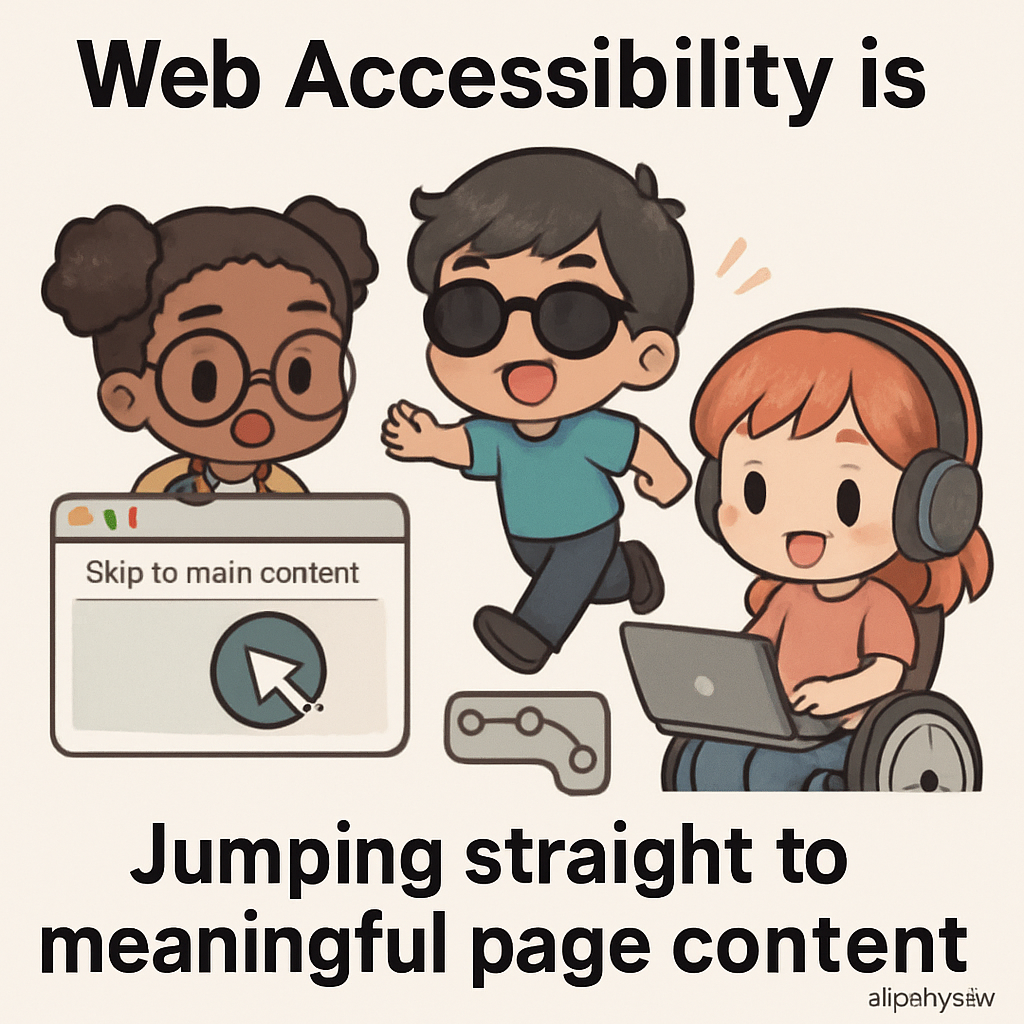 Chibi cartoon characters demonstrate skip links by helping each other jump over barriers to reach main web content, symbolizing accessible navigation.