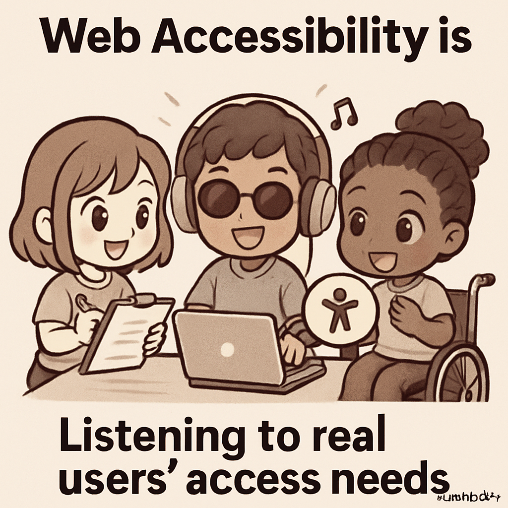 Chibi neighbors exchanging accessibility tips, visually representing the collection of user accessibility feedback and making information perceivable in a cute, heartwarming scene.