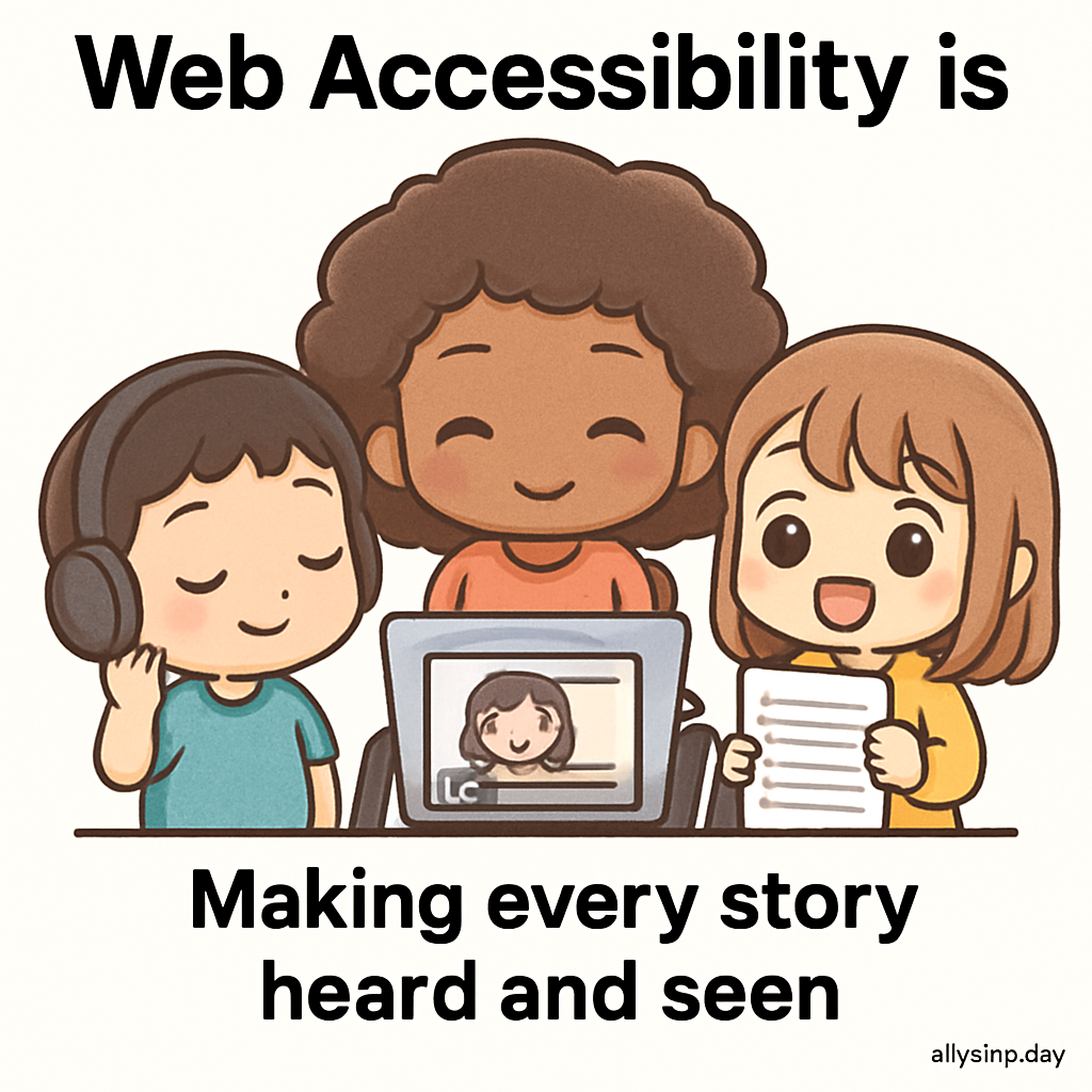 Chibi cartoon animators adding captions and transcripts to videos, representing equal opportunities in accessibility with AllyStudio.dev.