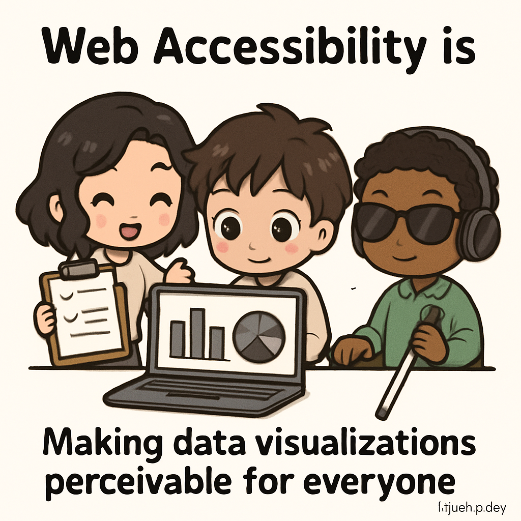 Adorable chibi-style colleagues collaborate to audit a data chart for accessibility, adding alt text, using high-contrast colors, and ensuring keyboard navigation to make the visualization perceivable for everyone.