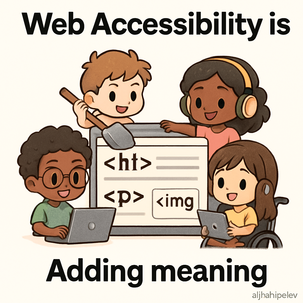 Chibi-style accessibility consultants guiding a team as they remove obstacles and clarify pathways, symbolizing the use of semantic HTML to add meaning and improve web accessibility.