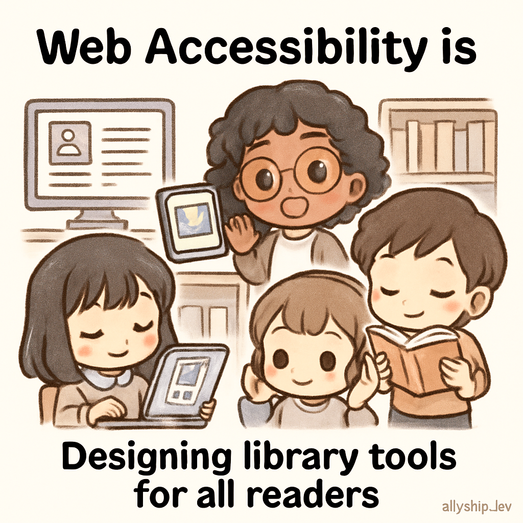 Chibi UX researchers testing library tools with diverse users—including wheelchair users and screen reader users—in a cute scene demonstrating accessible design for all.
