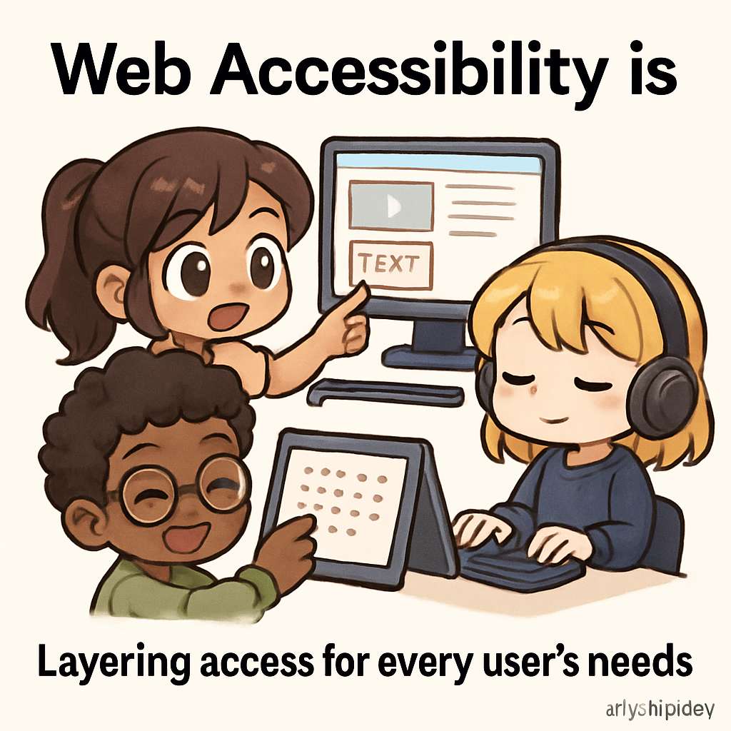 Cute chibi characters in a library using braille, audiobooks, tactile maps, and clear signs, visually representing progressive enhancement and accessible design.