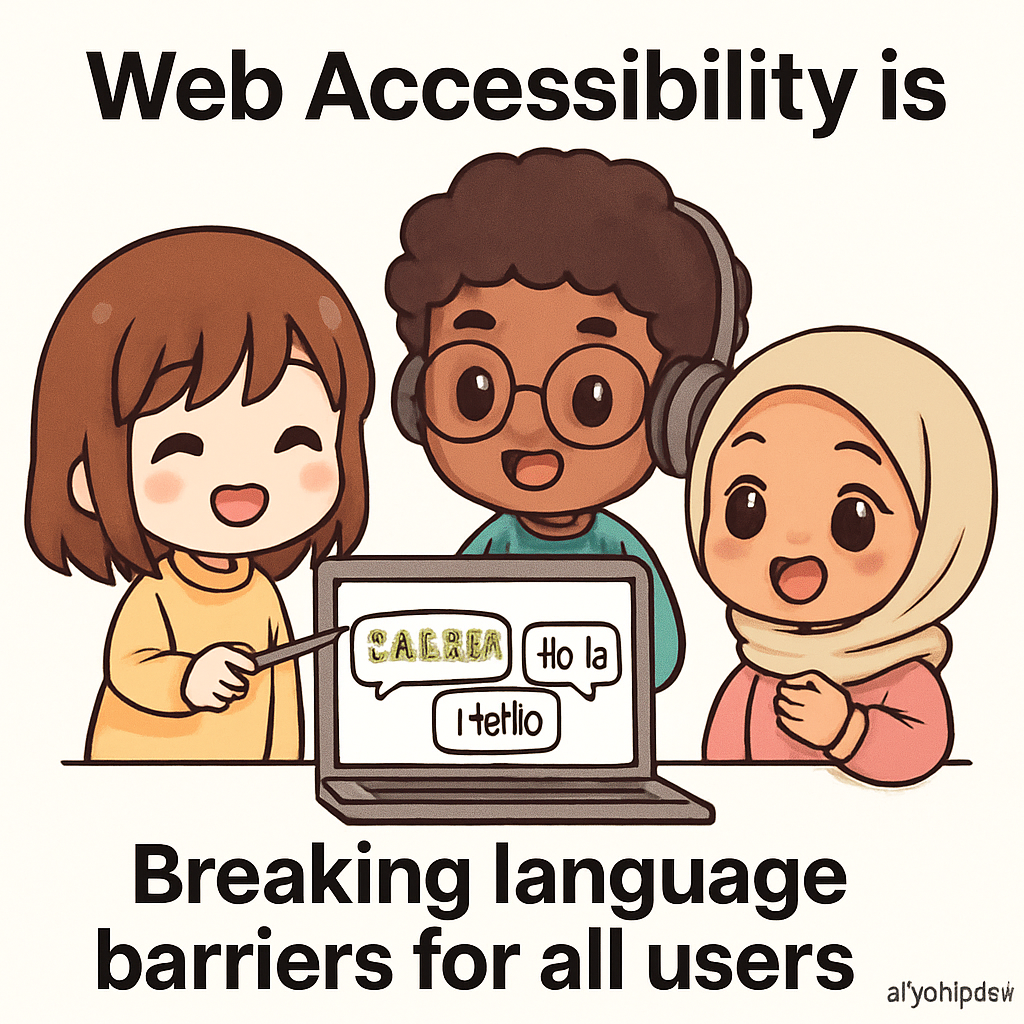 Chibi volunteers making a website accessible by adding multilingual signs and clear instructions, illustrating AllyStudio.dev’s role in breaking language barriers.