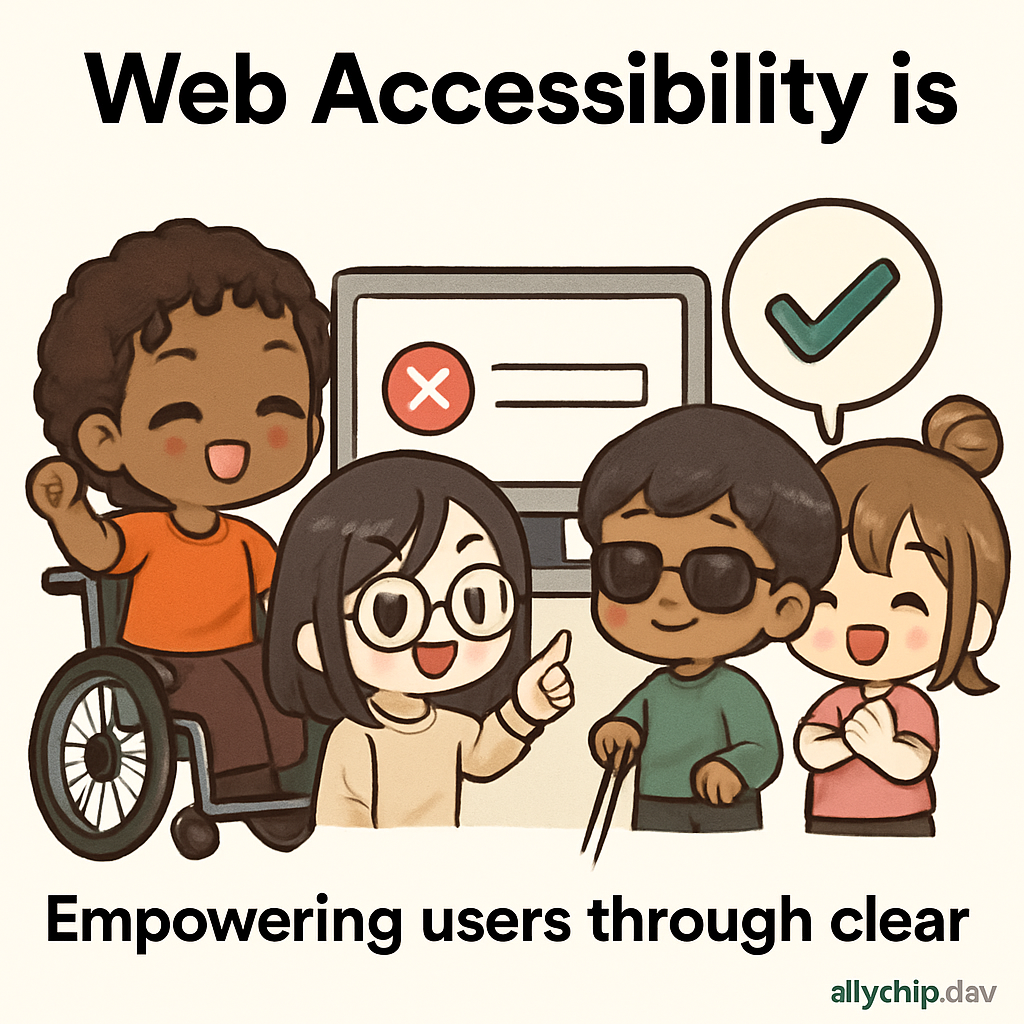 Chibi entrepreneurs launch startups, championing disability rights by showing accessible error handling and validation with clear, supportive messages.