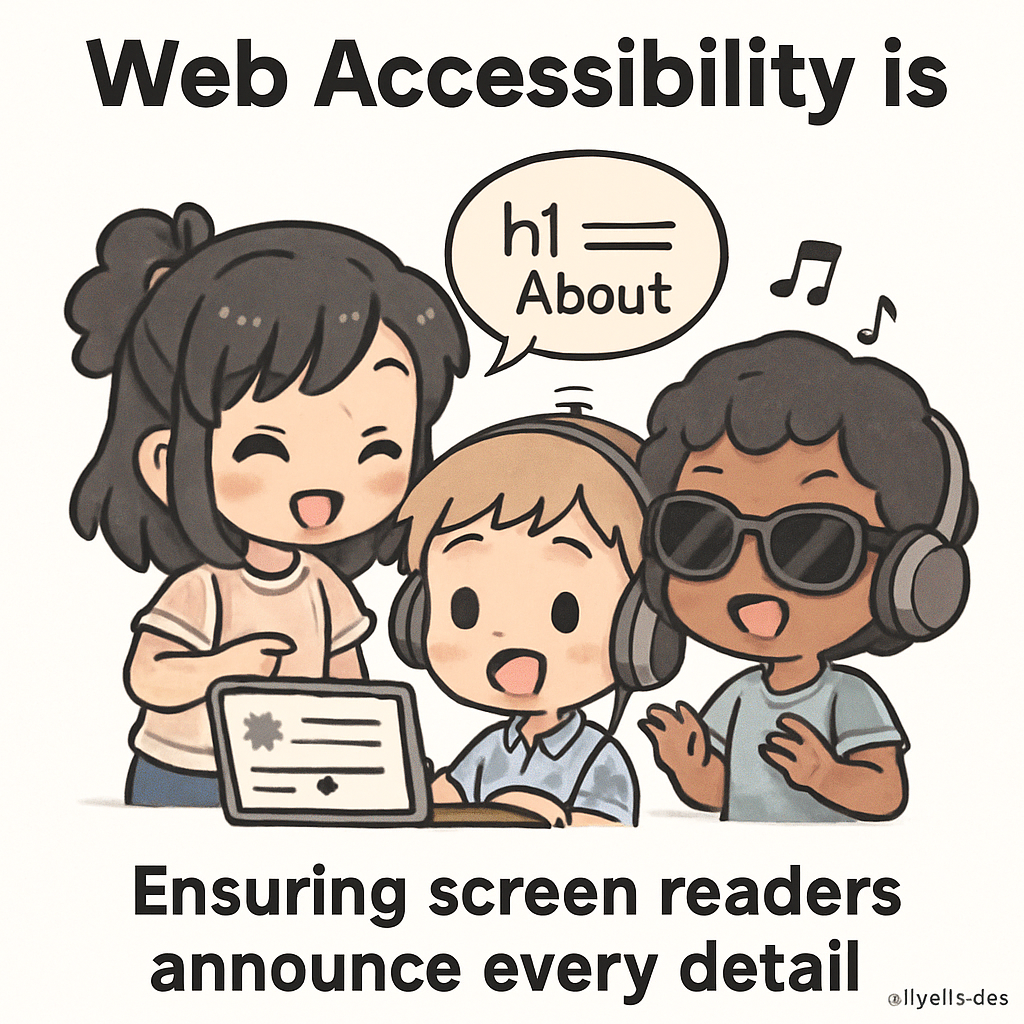 Chibi volunteers attach ARIA label ribbons and info bubbles to objects, helping a happy screen reader character perceive every detail, demonstrating accessibility.