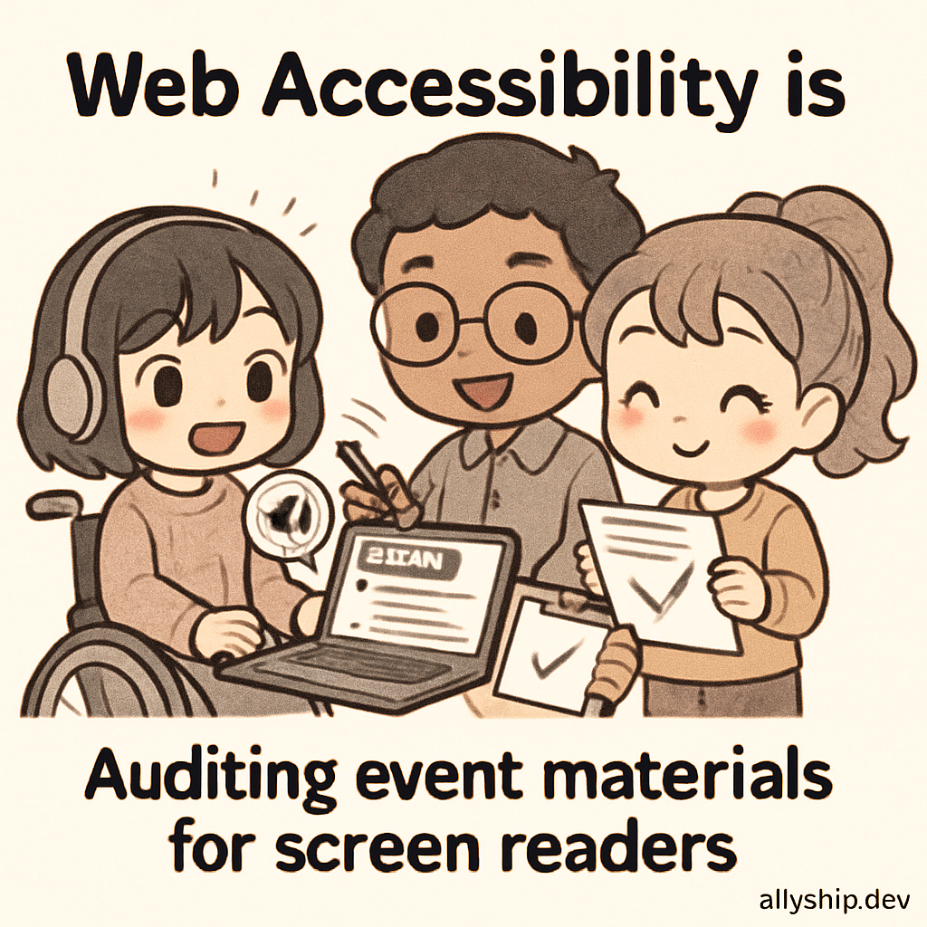 Chibi-style characters use laptops and assistive technology to test event flyers for screen reader accessibility, illustrating compliance strategies.