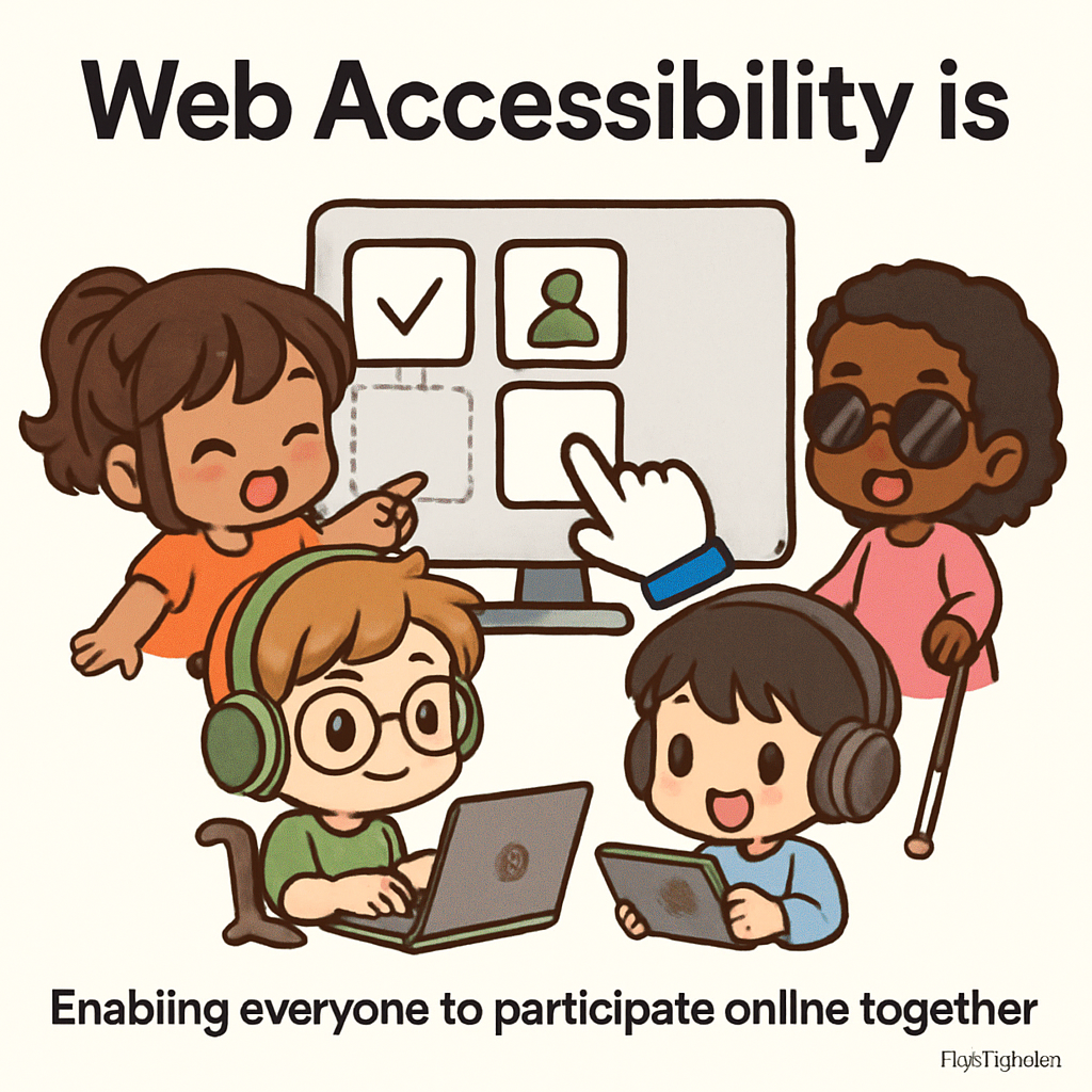 Cartoon chibi families of diverse abilities using accessible drag and drop features together, symbolizing digital inclusion and universal web participation.
