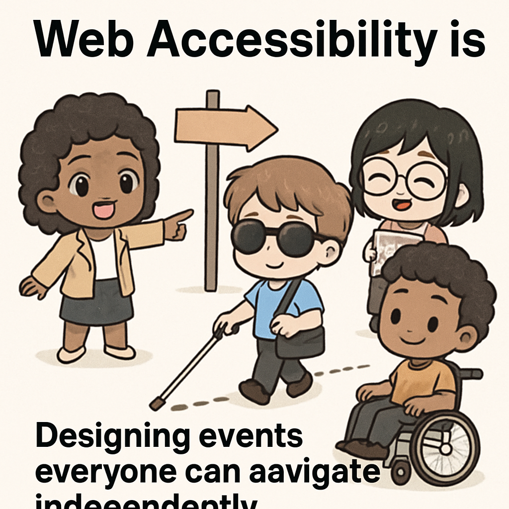 Chibi architects design an event space with ramps, wide paths, and clear signs, representing inclusive event planning and web accessibility principles in a cute, engaging style.