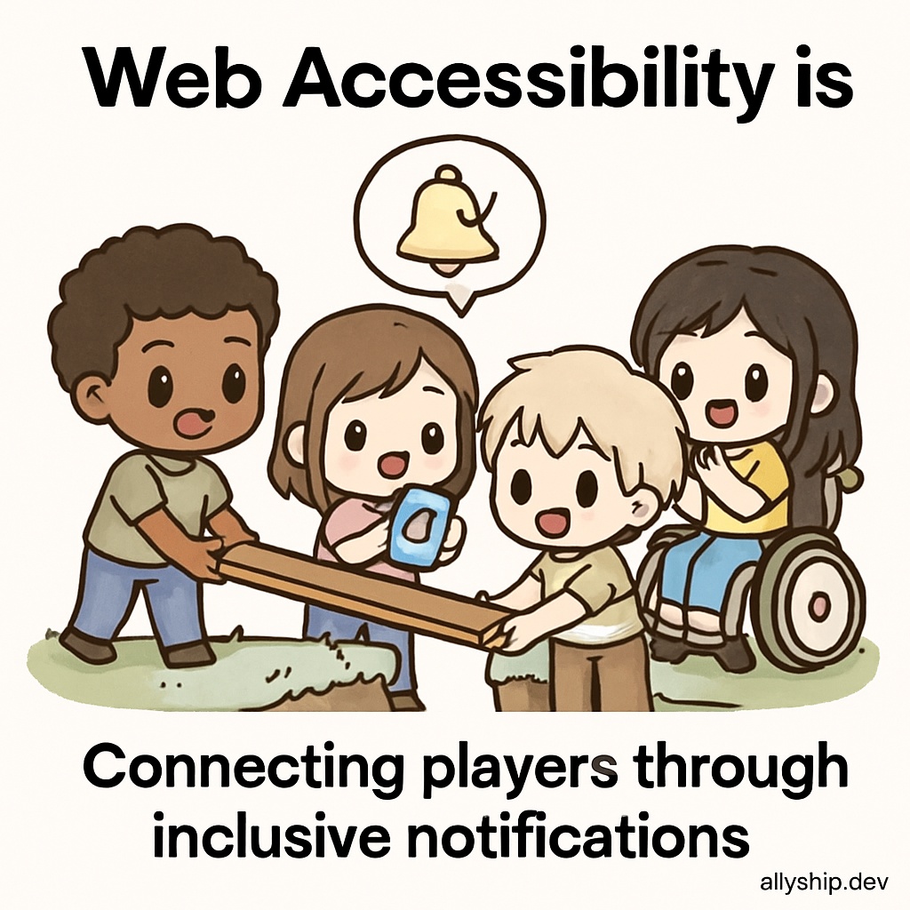 Chibi game developers construct vibrant bridges representing accessible notifications, demonstrating how AllyStudio.dev helps teams create inclusive gaming experiences.