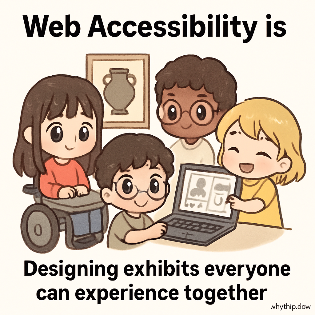 Chibi-style families of diverse abilities enjoying an inclusive museum exhibit together, demonstrating accessible forms and design principles in action.