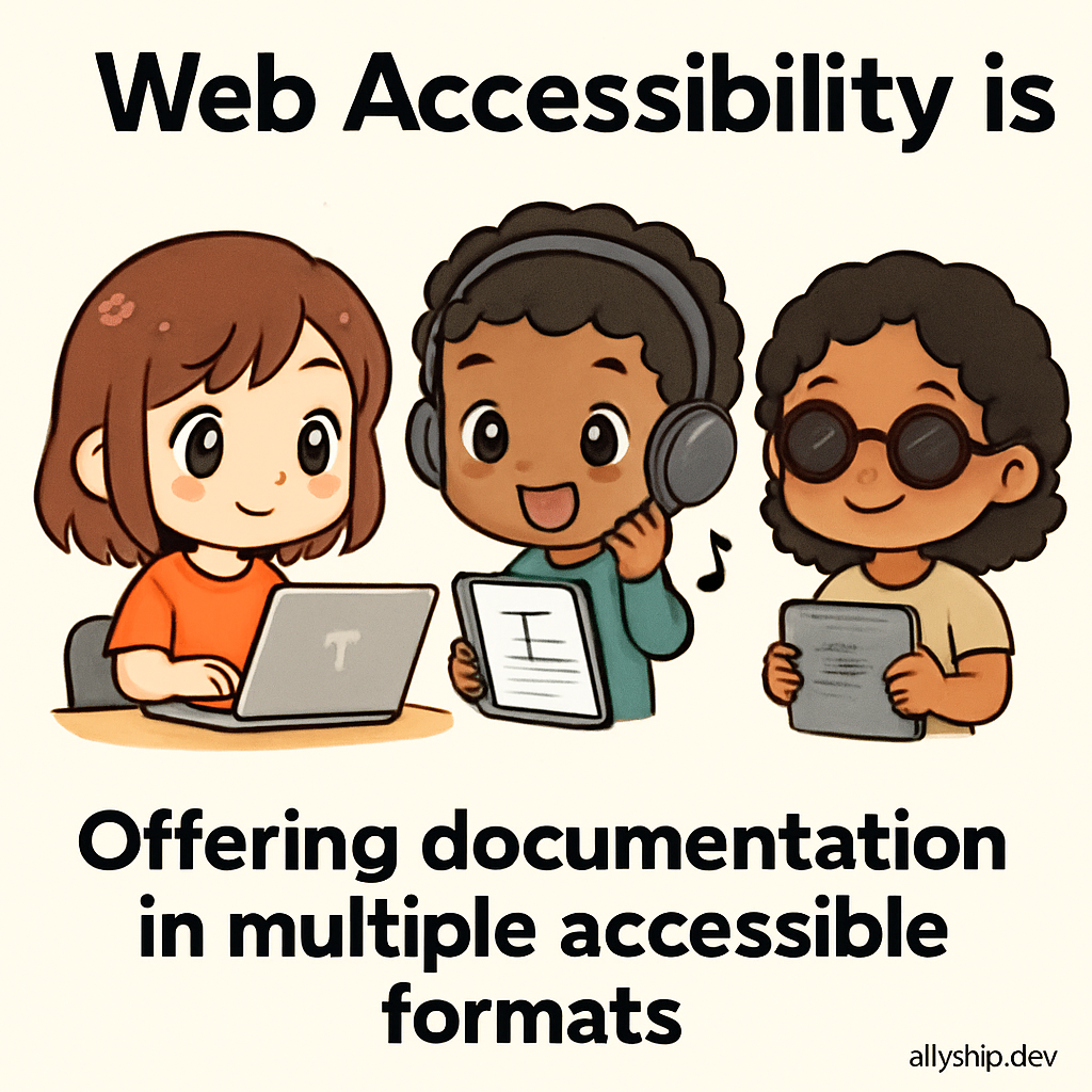 Cute chibi freelancers sharing documentation in Braille, audio, large print, and digital formats, illustrating accessible documentation with multiple input methods.