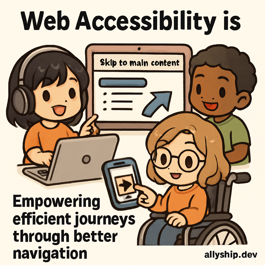 Chibi entrepreneurs use colorful skip links and navigation shortcuts to customize their web journeys, symbolizing accessible navigation principles in a cute, engaging style.