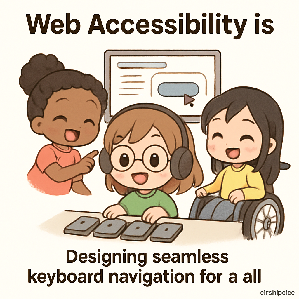 Chibi entrepreneurs using oversized keyboards to test web apps, demonstrating seamless keyboard navigation and focus management for accessibility, inspired by AllyStudio.dev’s design tools.