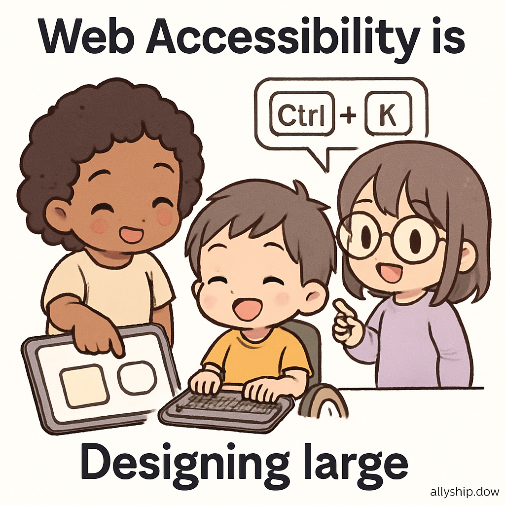 Chibi game developers design a game interface with large, spaced buttons and playful keyboard shortcuts, illustrating accessible touch target sizes and inclusive design.
