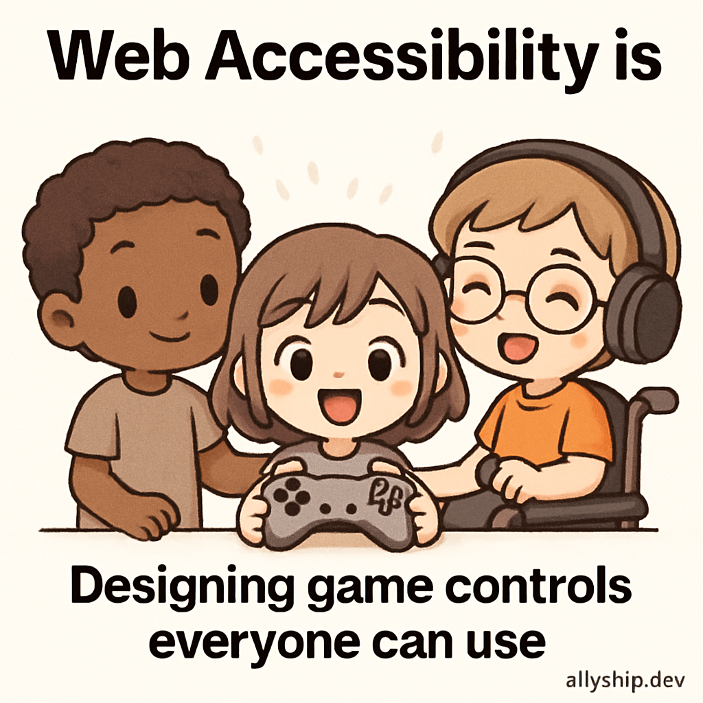 Cute chibi characters organize an inclusive gaming event, demonstrating accessible game controls with clear navigation symbols, promoting digital accessibility.