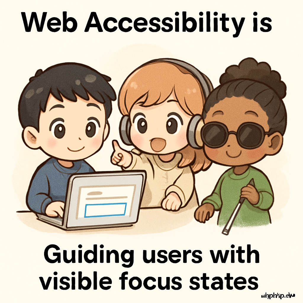 Chibi accessibility consultants guiding a team across a digital landscape using glowing focus indicators as visible paths, representing how AllyStudio.dev helps create accessible web designs with clear focus states for assistive device users.