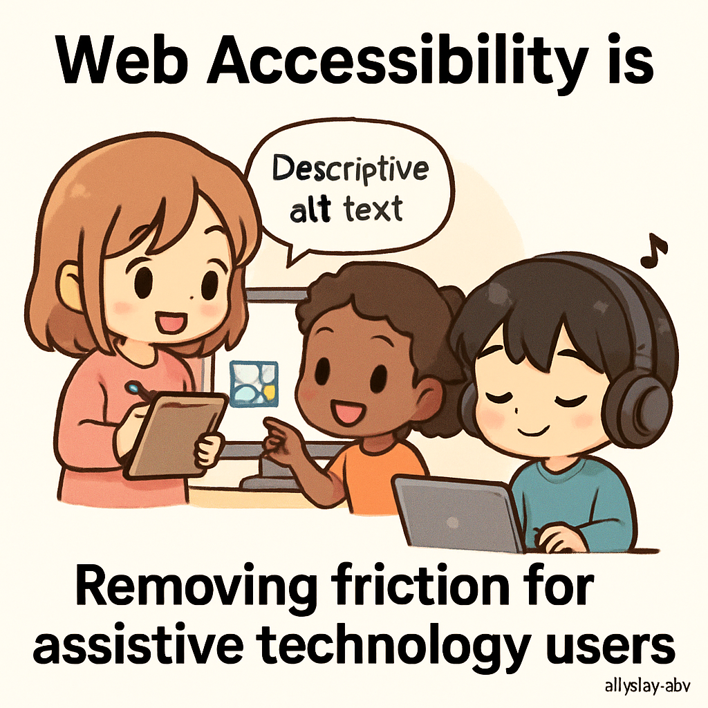 Cute chibi characters improve web accessibility by writing detailed alt text and removing metaphorical barriers, symbolizing AllyStudio.dev's role in accessibility performance optimization.