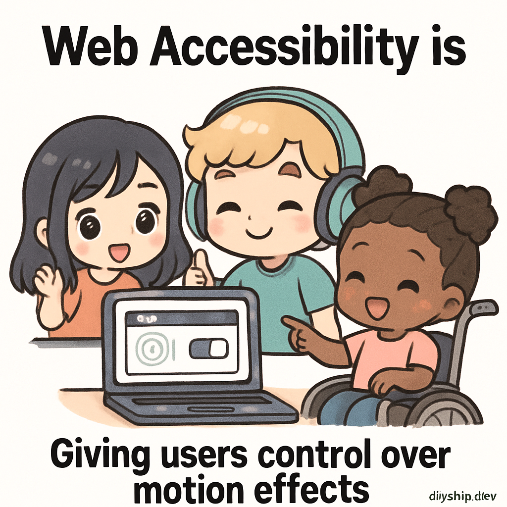 Cute chibi-style colleagues collaborate to adjust motion effect settings, demonstrating accessible animations and user control, symbolizing inclusive design.