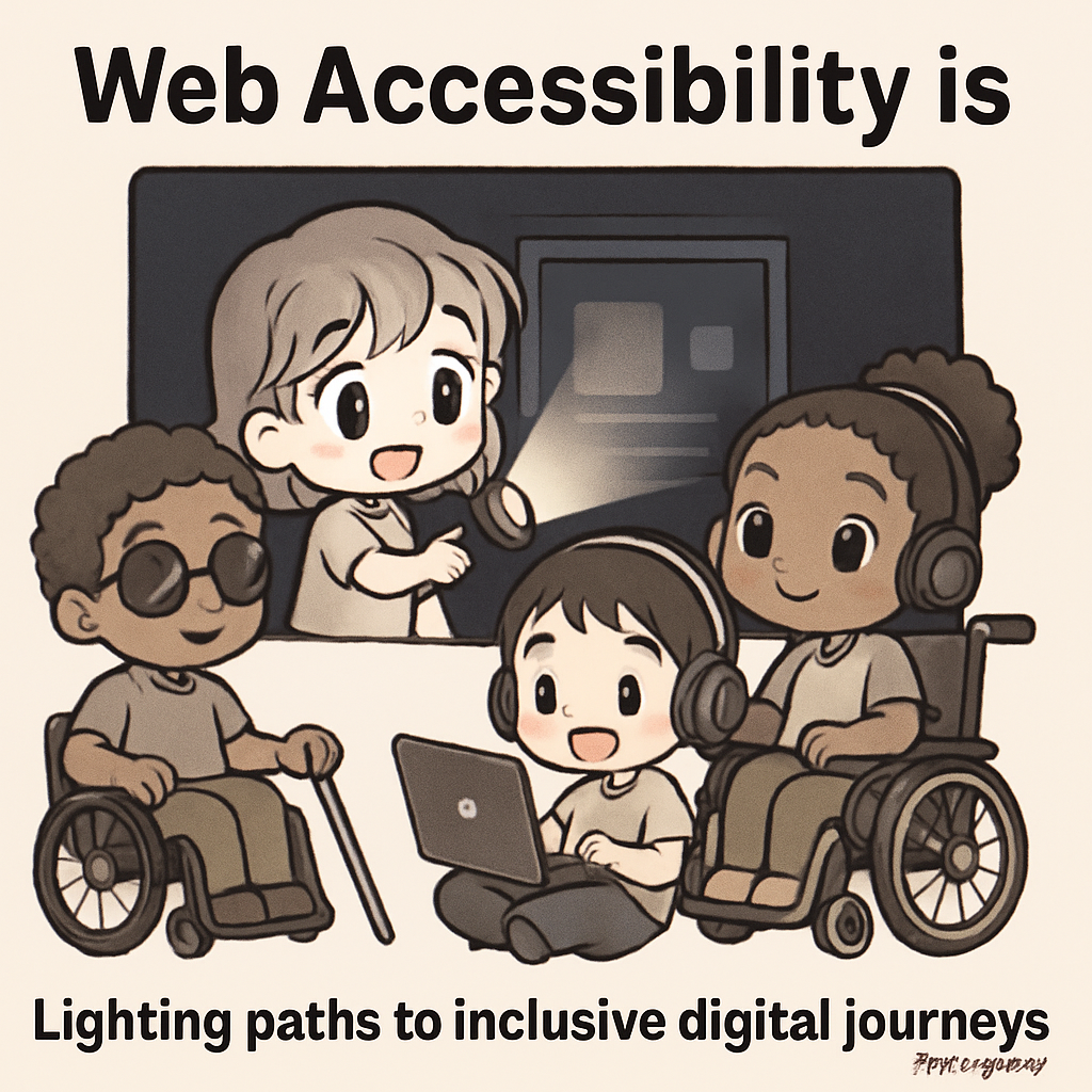 Chibi game developers using glowing tools to brighten a dark game interface, symbolizing accessible transportation design and inclusive digital journeys, with AllyStudio.dev featured as a guiding resource.