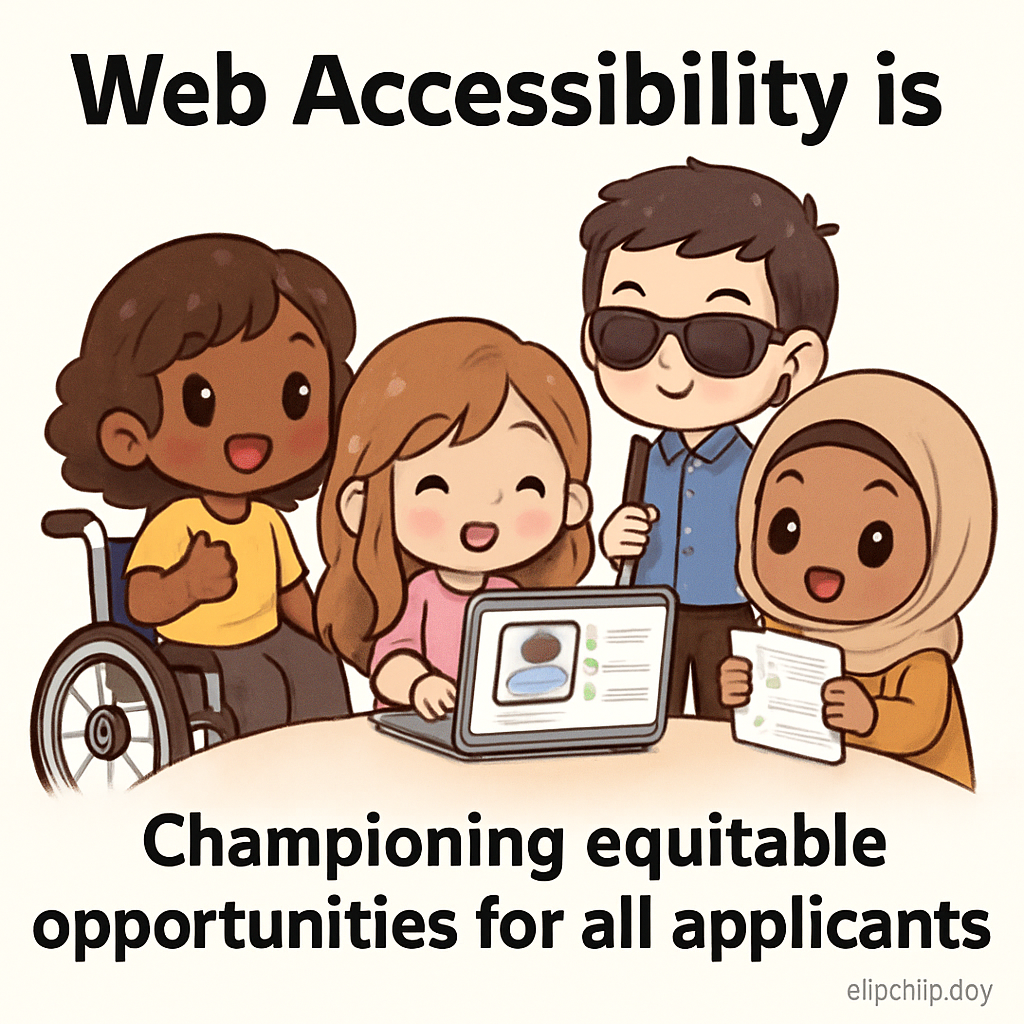 Chibi-style cartoon of diverse applicants and workshop leaders using assistive tools and accessible materials in an inclusive hiring scene, promoting accessibility for all abilities.
