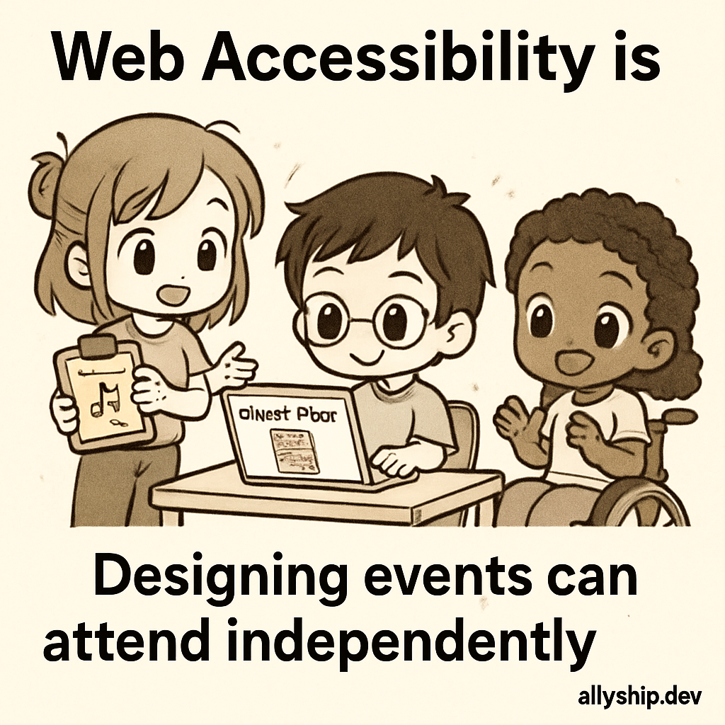 Cute chibi-style cartoon guests at a museum, happily exploring accessible exhibits with clear descriptive alt text labels—emphasizing inclusive event design.