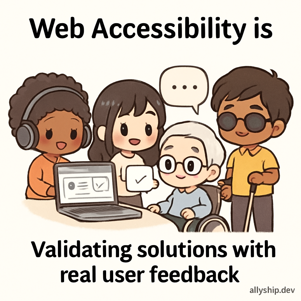 Chibi hikers using screen readers, canes, and mobility aids share feedback on accessible trail signage, representing inclusive user testing and assistive device support.