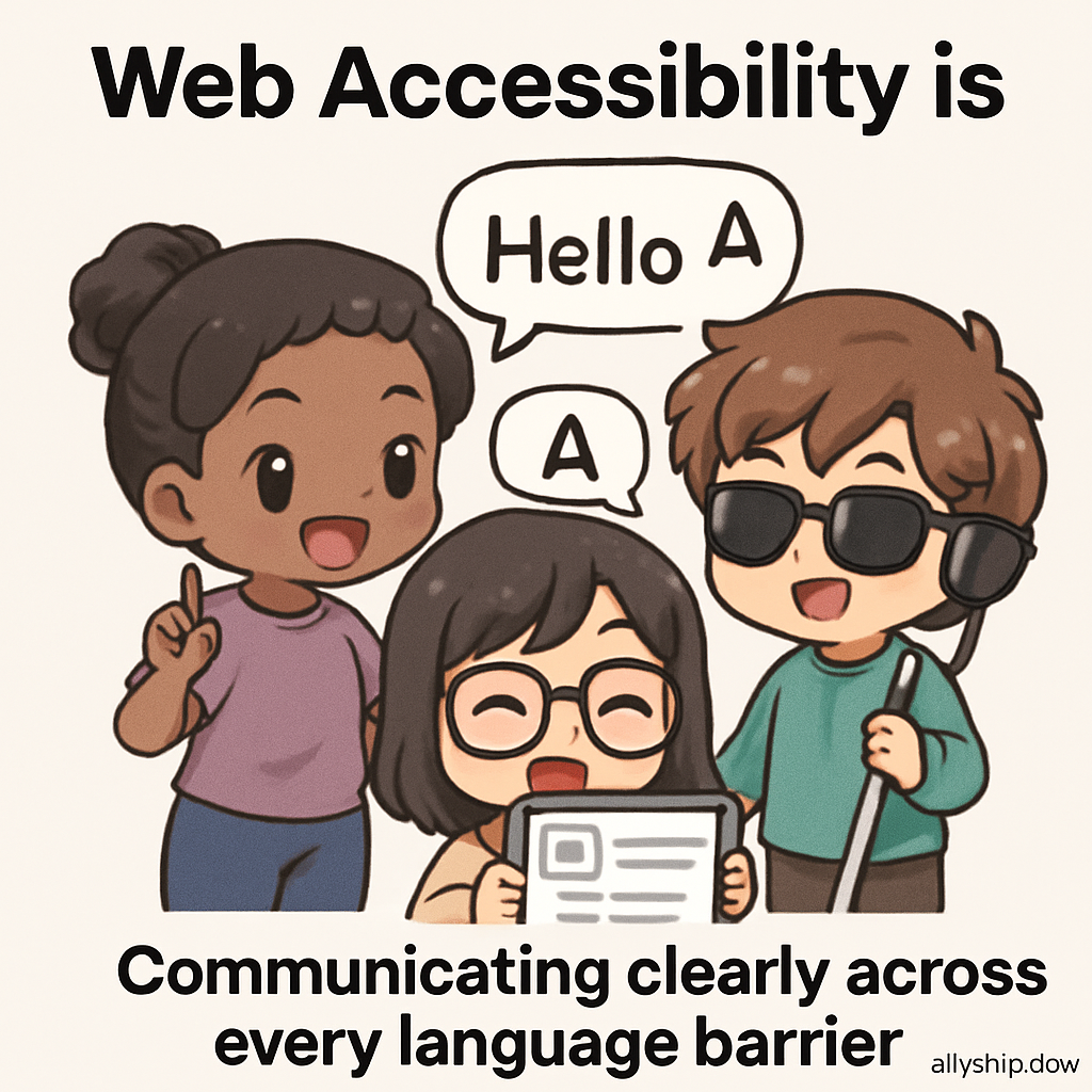 Chibi architects designing an accessible space with signs and icons in multiple languages, symbolizing clear communication and multilingual accessibility support.