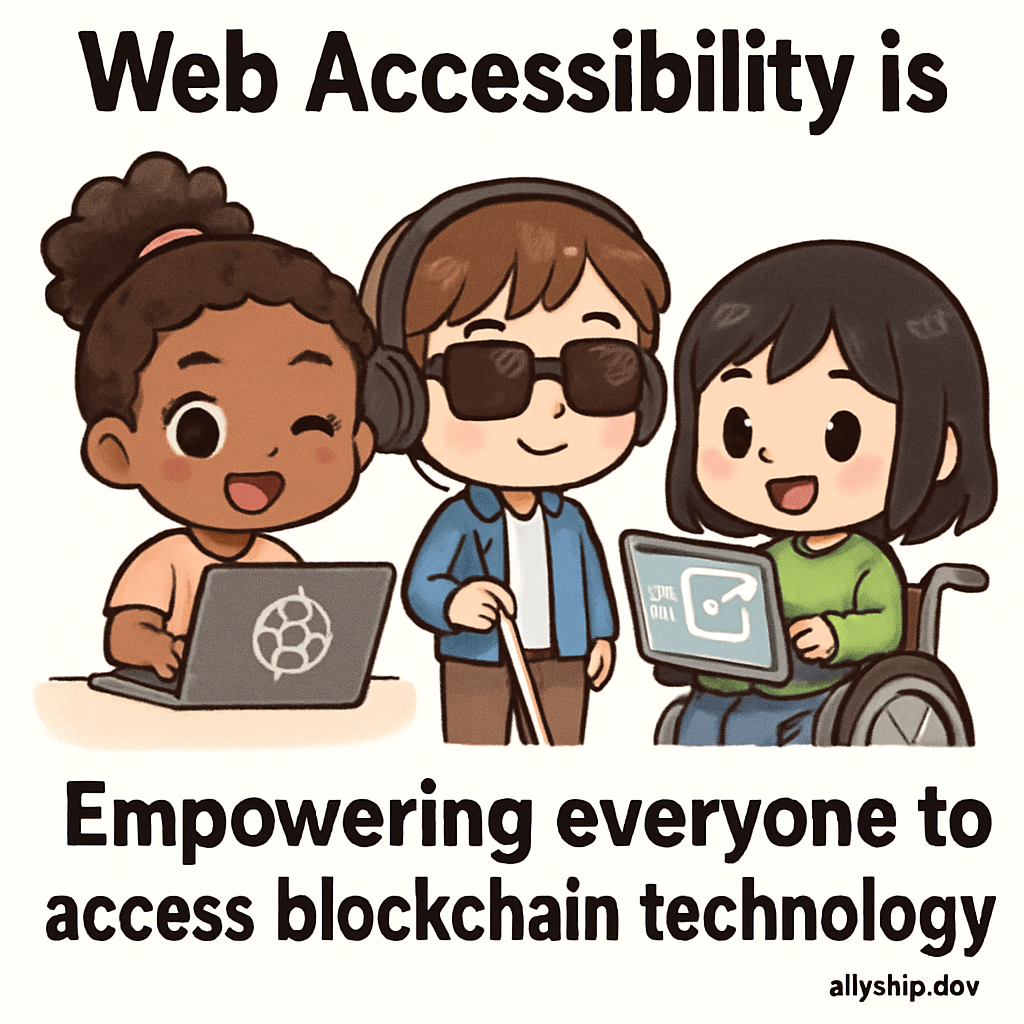 Chibi cartoon friends helping each other access blockchain technology using accessible interfaces, representing digital inclusion and accessibility principles.