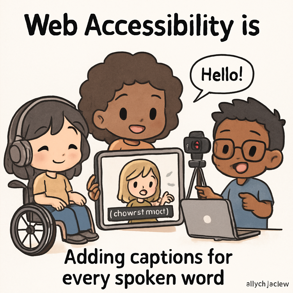Chibi cartoon travelers navigating an accessible transit station, with captions above every spoken word, symbolizing inclusive video content creation.