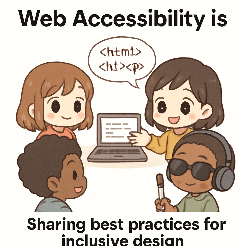 Chibi diners in an accessible restaurant joyfully sharing inclusive design tips, symbolizing accessibility mentorship and structuring semantic HTML for better web accessibility.
