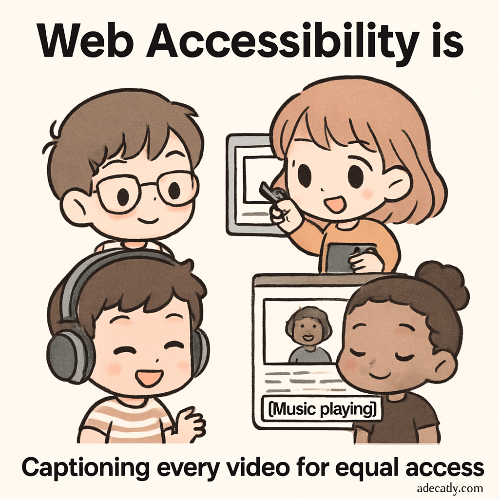 Chibi business leaders add captions with focus indicators to videos, demonstrating inclusive design and web accessibility best practices.