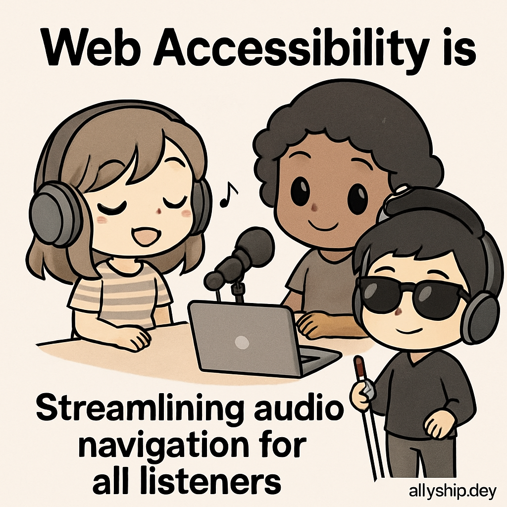 Chibi entrepreneurs use AllyStudio.dev to create an accessible podcast interface, showcasing easy-to-navigate audio controls that reduce cognitive load for all listeners.