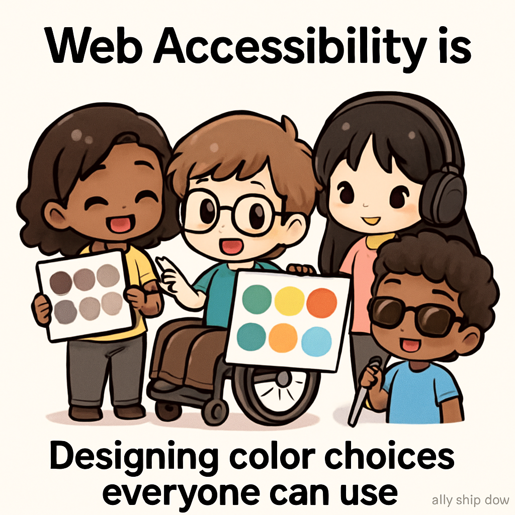 Chibi cartoon beta testers building a colorful, inclusive pathway with accessible color tiles, symbolizing designing color choices everyone can use.