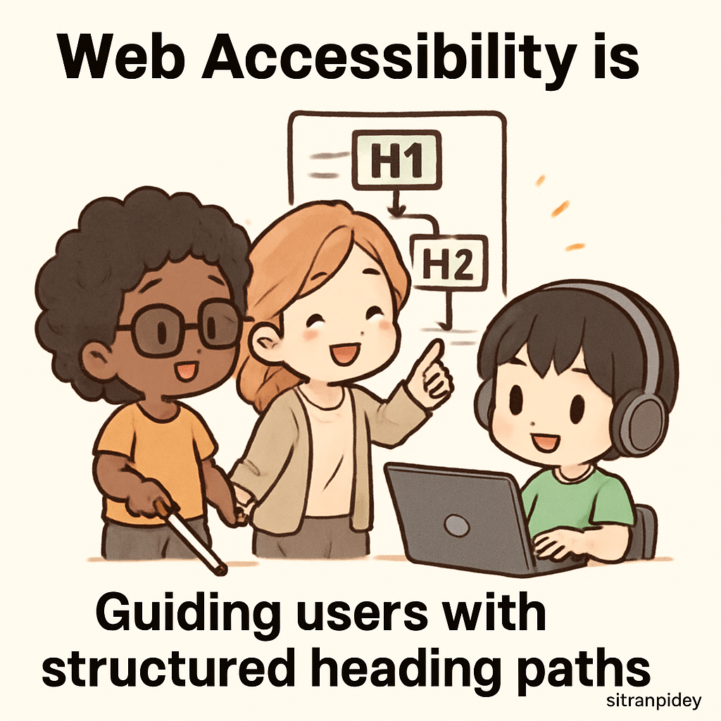 Chibi children in a cute park scene follow clear signposts representing heading levels, with accessible side paths that visualize providing alternative routes for users with diverse needs.